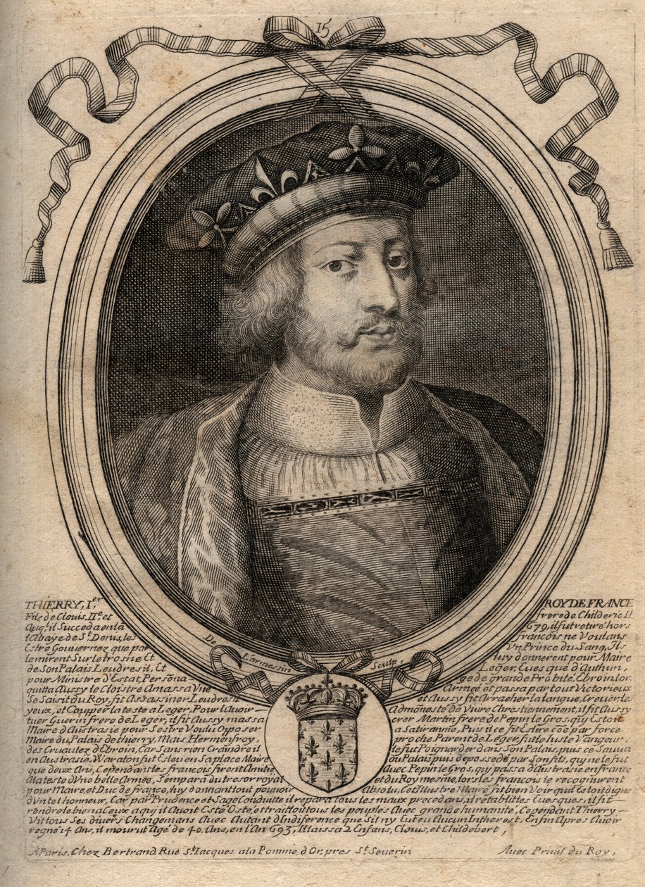 Thierry III (kb. 657-691), a neustriai frankok királyának (673-675) és az összes franknak királyának (679-691) portréja A könyvre az van írva, hogy „I. Thierry””, de ez egy hiba - III. Theuderik (Theuderich, Theoderic, Theodoric), Neustria királya (673-675 alkotó: de Larmessin
