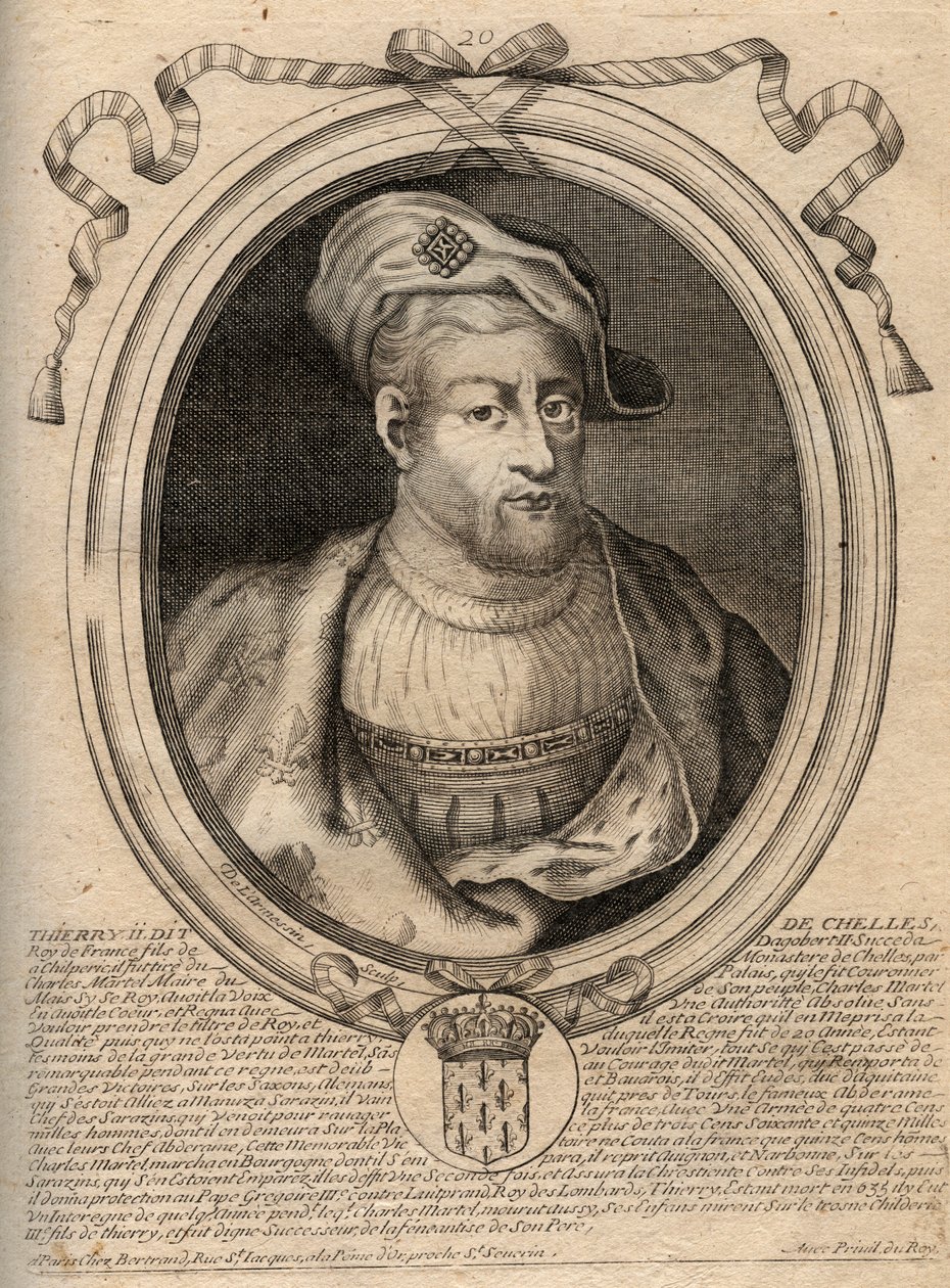 IV. Thierry (713-737) frankok királyának portréja 721 és 737 között – IV. THIERRY (Theodoric) frankok királya – metszet a „Les Augustes Representations de tous les Kings de France from Pharamond to Louis XIV” című könyvéből, Párizs alkotó: de Larmessin