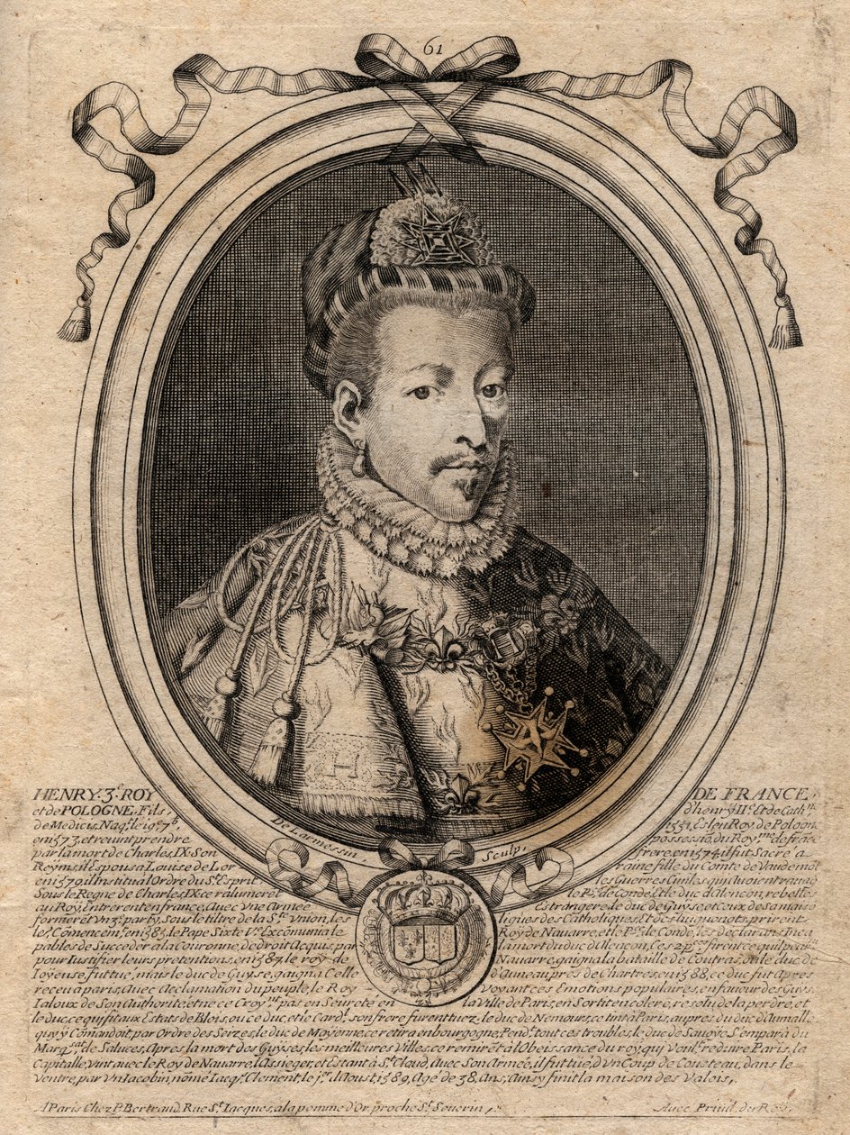 Henrik (1551-1589) francia király portréja – III. Henrik (1551-89) francia király portréja – metszet a „Les Augustes Representations de tous les Kings de France from Pharamond to LouisXIV” című könyvből, Párizs alkotó: de Larmessin