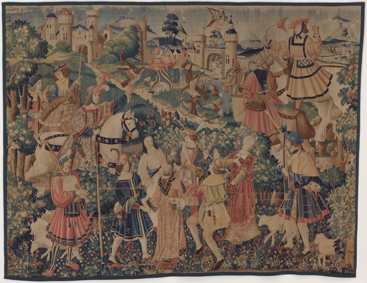 Vadász- és pásztorjelenetek, dudásszal és táncosokkal alkotó: design probably French 16th Century, Paris; woven in southern Netherlands or Paris in an undetermine workshop