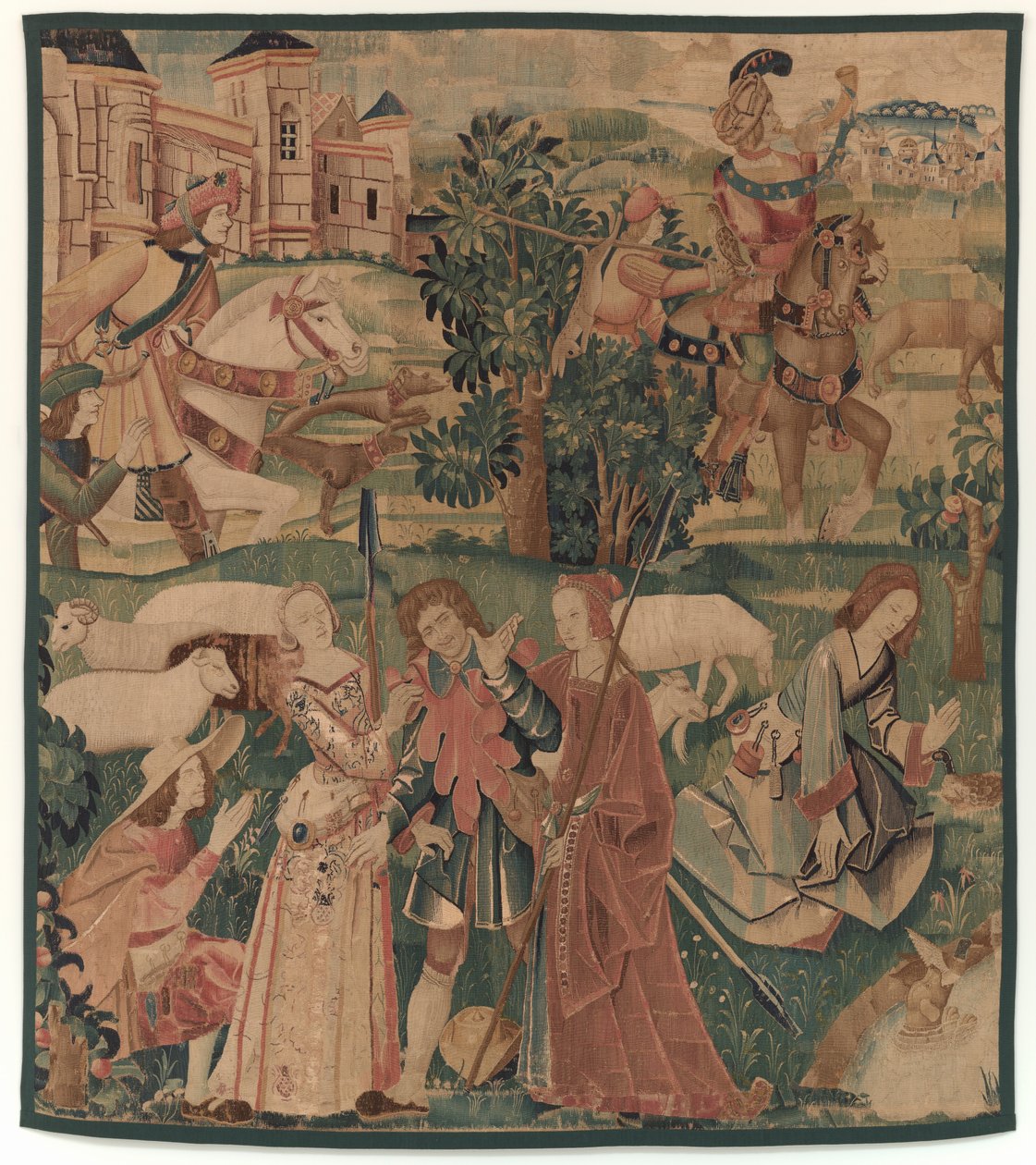 Vadászat és pásztorjelenetek, egy nevető férfival a hölgyek között alkotó: design probably French 16th Century, Paris; woven in southern Netherlands or Paris in an undetermine workshop