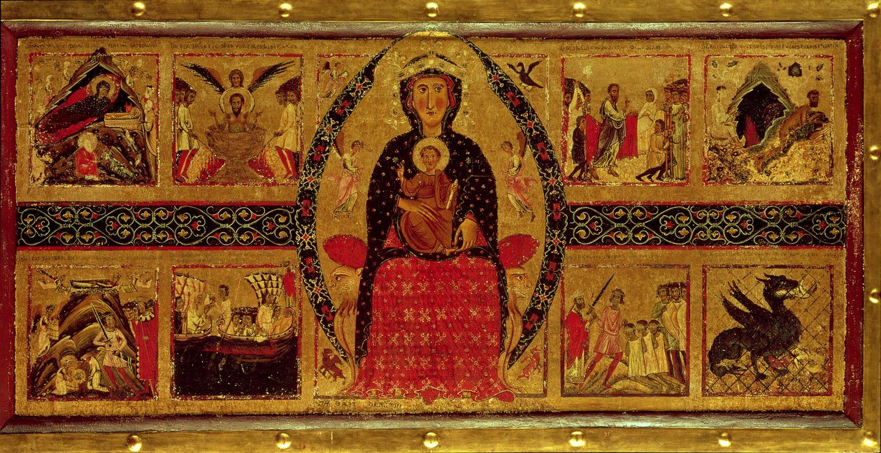 A Szűz és a trónoló gyermek, a születés jeleneteivel és a szentek életével, 1260 alkotó: di Magnano da Arezzo Margaritone