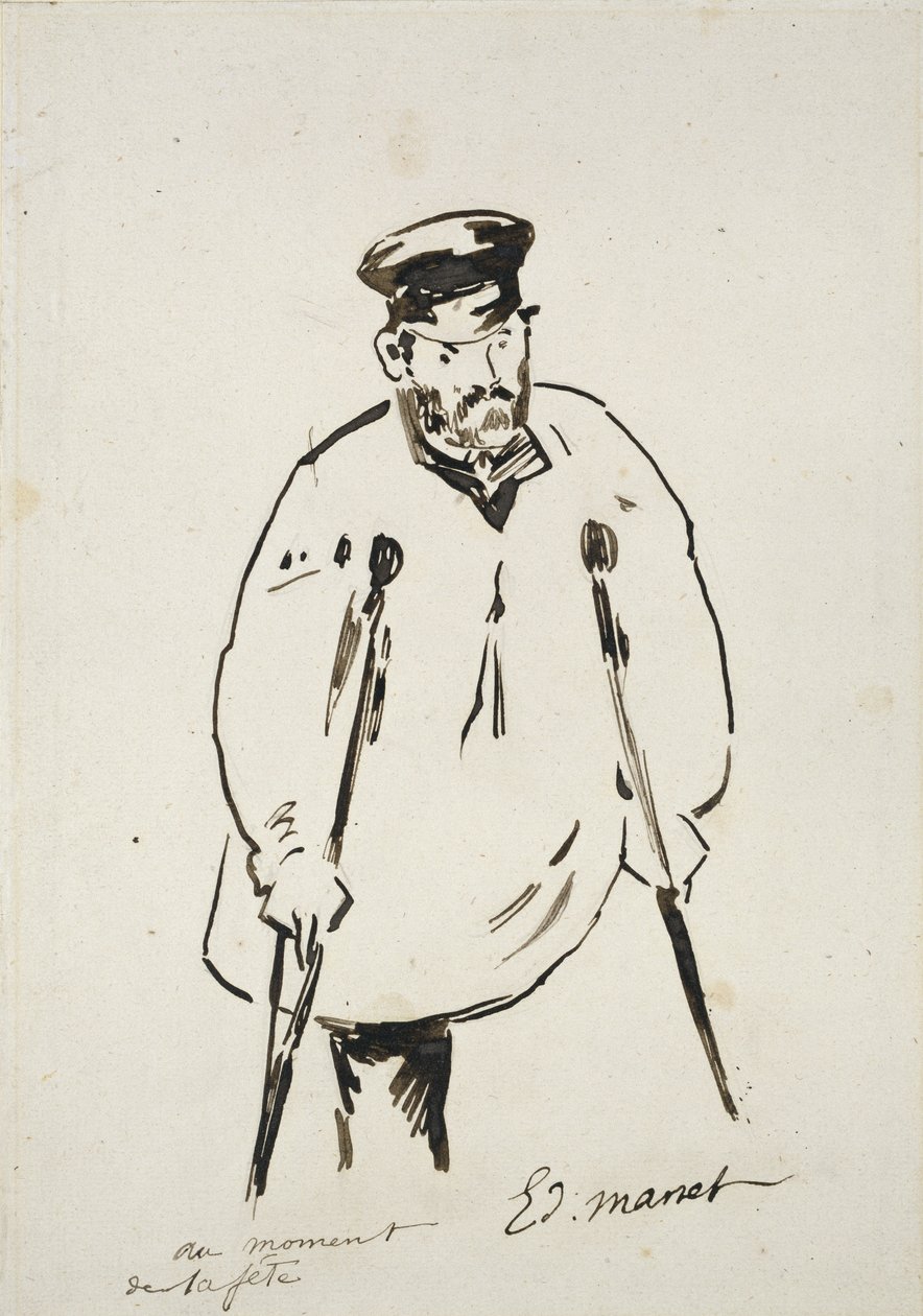 Man on Crutches (grafit nádtollal és fekete tintával, finom textúrájú fehér papírra) alkotó: Édouard Manet