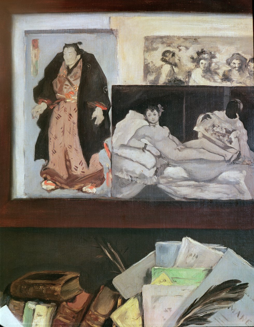 Emile Zola (1840 - 1902) portréja (a jobb felső fal részlete, amely japán nyomatokat, „Olympiát” és Velasquez „Bacchust” ábrázol), 1868 alkotó: Édouard Manet