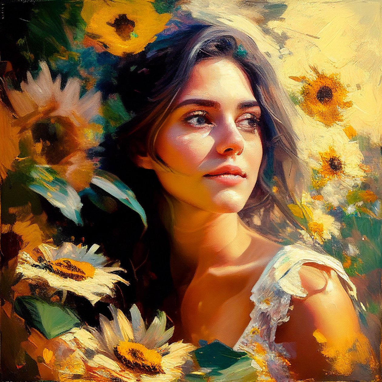 Egy gyönyörű lány a természetben, napraforgókkal körülvéve, Art festmény Wall Art | Vászonnyomatok alkotó: F. Abderrahim