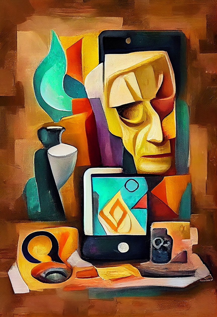 Absztrakt szürrealista festmény, Picasso ihlette művészet, nyomtatható fali művészet alkotó: F. Abderrahim