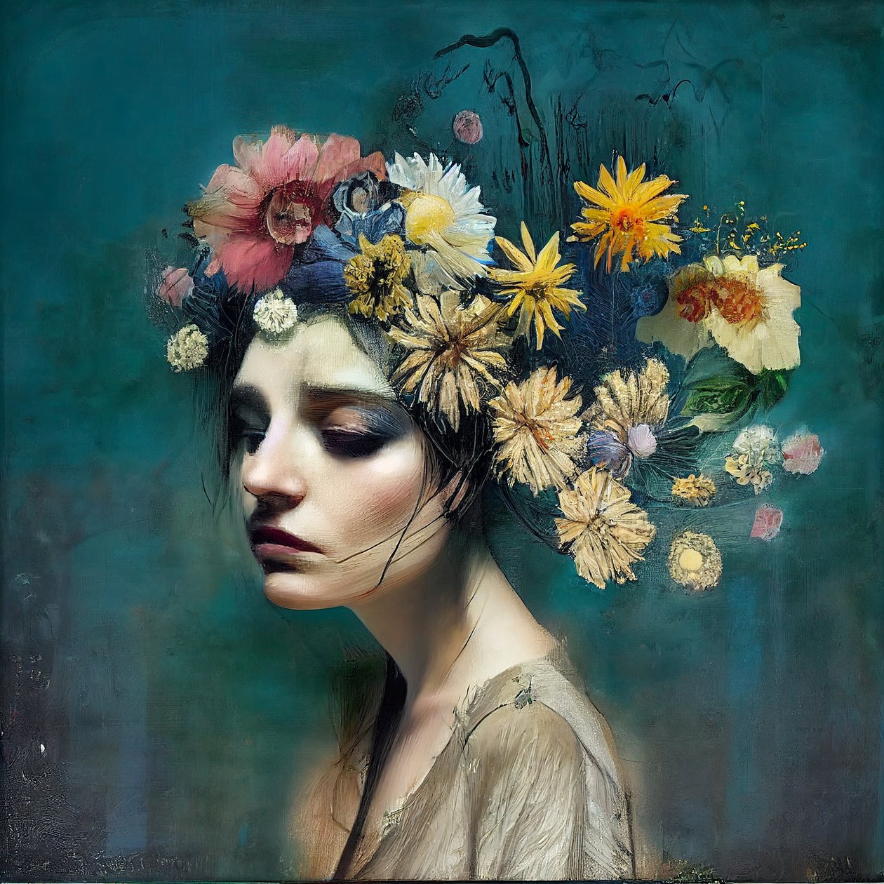 Beautiful girl with flowers, Abstract painting, Wall Art | Canvas Prints alkotó: F. Abderrahim