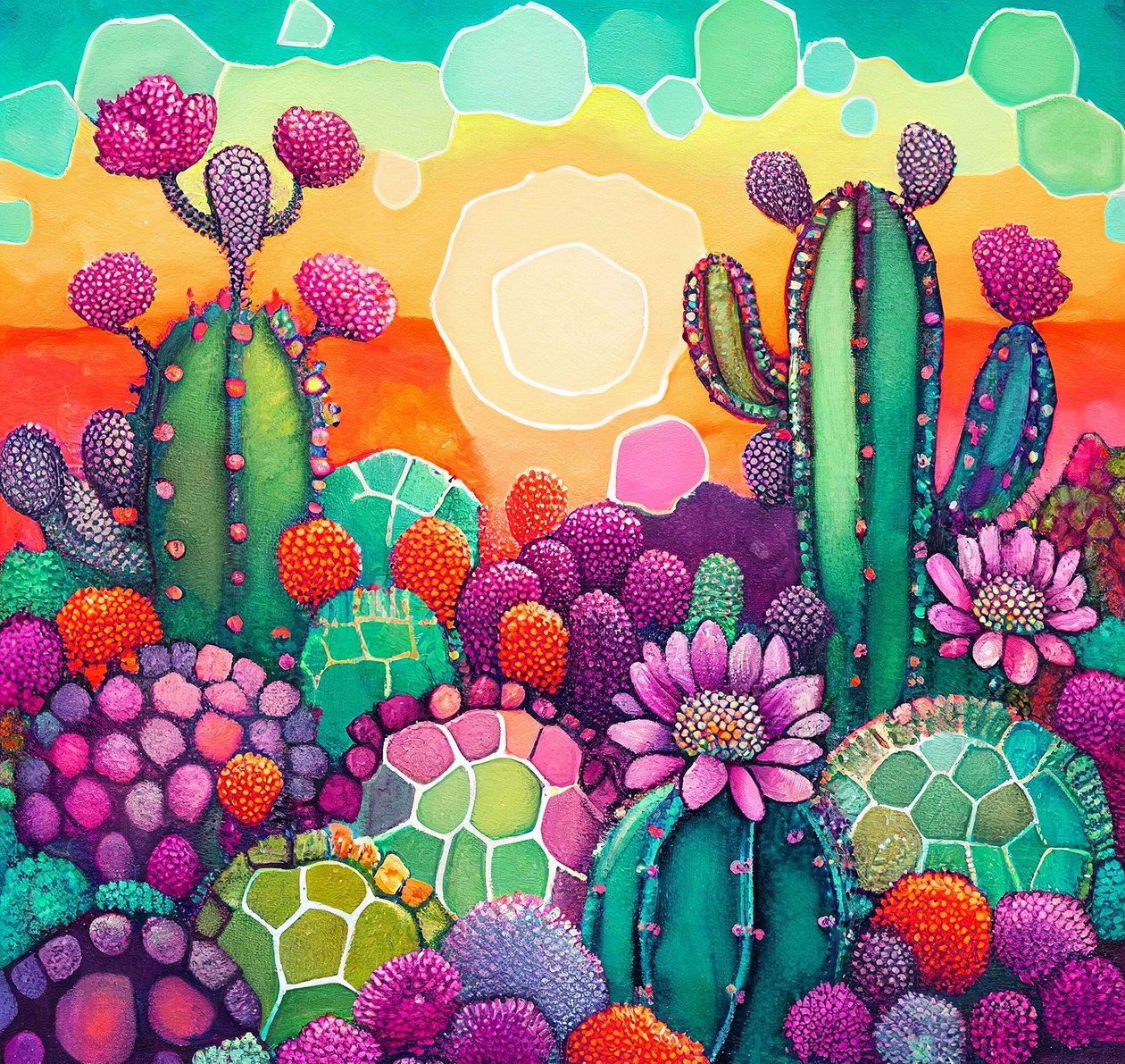 Desert Bloom: colorful abstract Painting of Sunset on Cactus Plateaus alkotó: F. Abderrahim