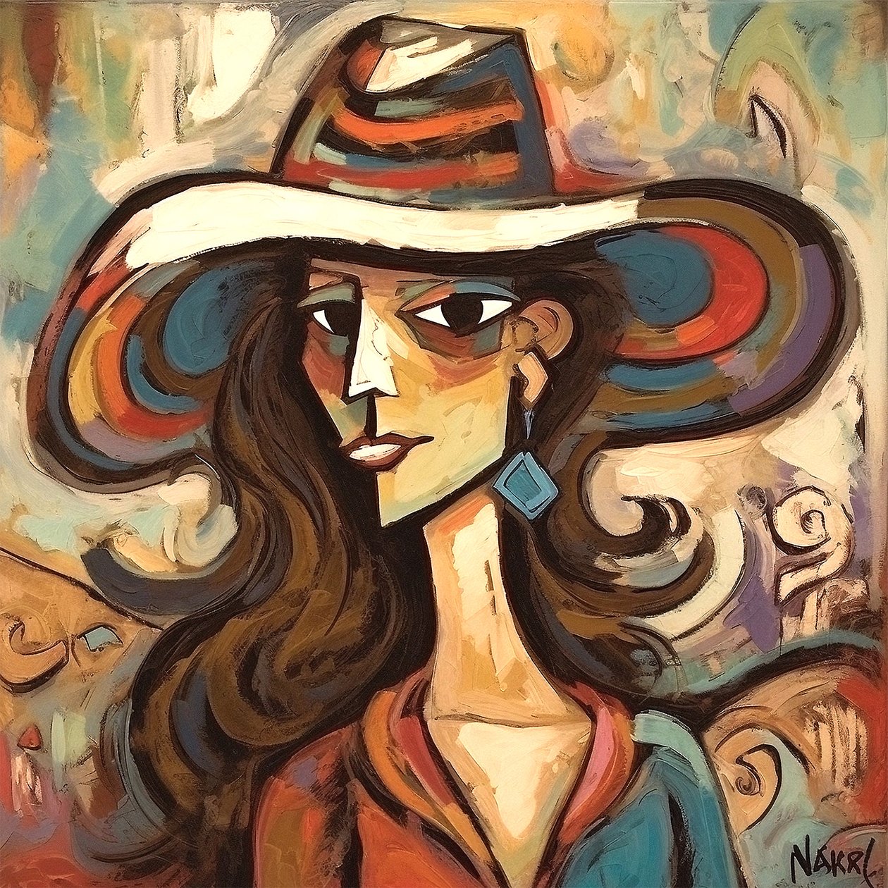 Festmény egy gyönyörű, modern, kalapot viselő hölgyről, Wall Art | Vászonnyomatok alkotó: F. Abderrahim