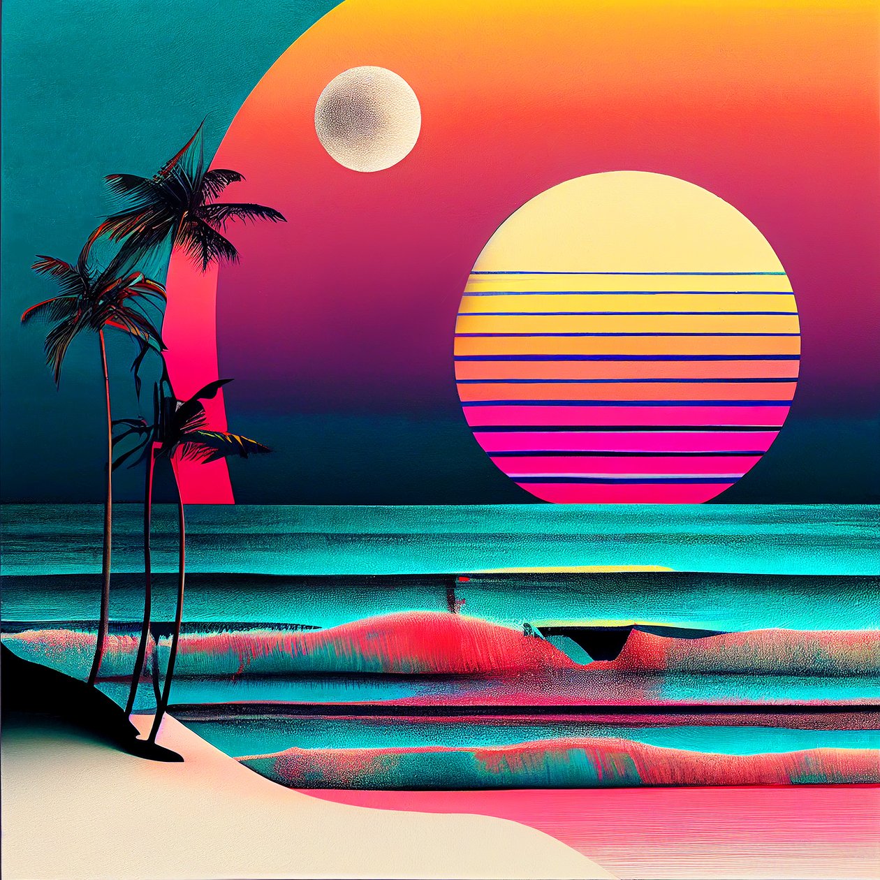Naplemente a strand és a pálmafák felett, Wall Art | Vászonnyomatok alkotó: F. Abderrahim