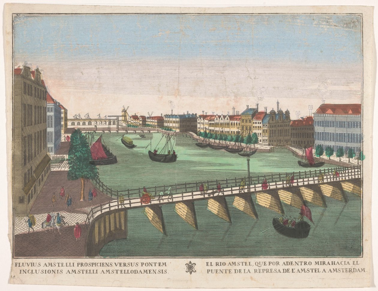 Kilátás a Binnen-Amstelre, a Blauwbrug és a Hogesluis között Amszterdamban El rio Amstel, que por adentro mirahacia el puente de la represa de l