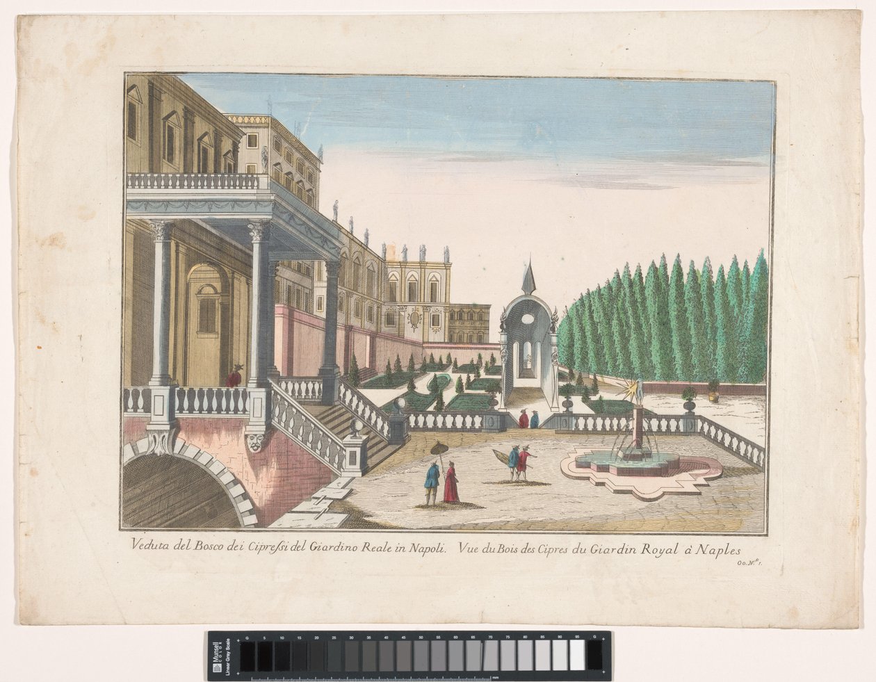 Kilátás a kertre és a királyi palotára Nápolyban Veduta del bosco dei cypressi del giardino reale Napoliban (cím a tárgyon) alkotó: familie Remondini (attributed to)