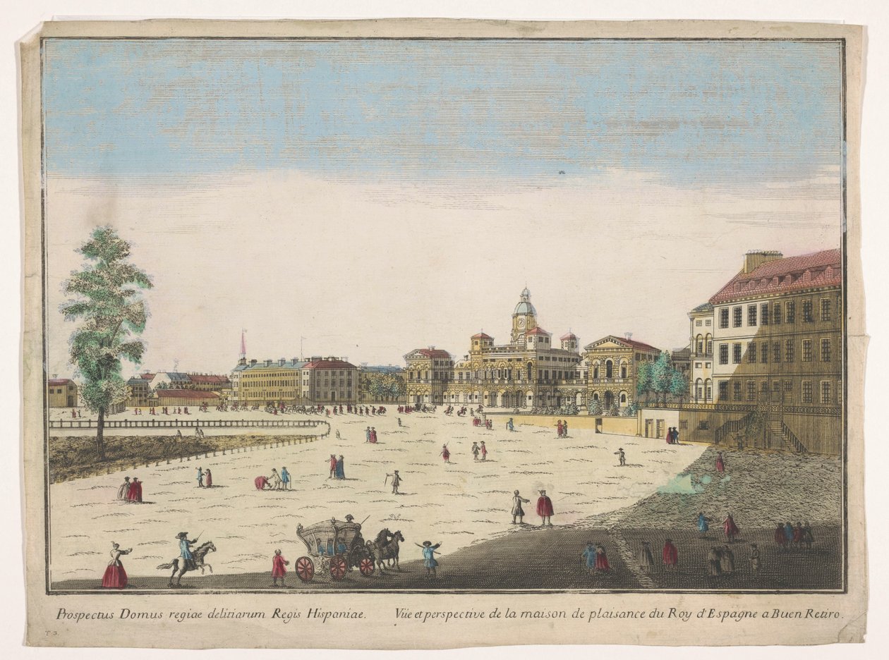 Gezicht op het Buen Retiro Palace Madridban Vüe ​​​​et perspective de la maison de plaisance du roy d