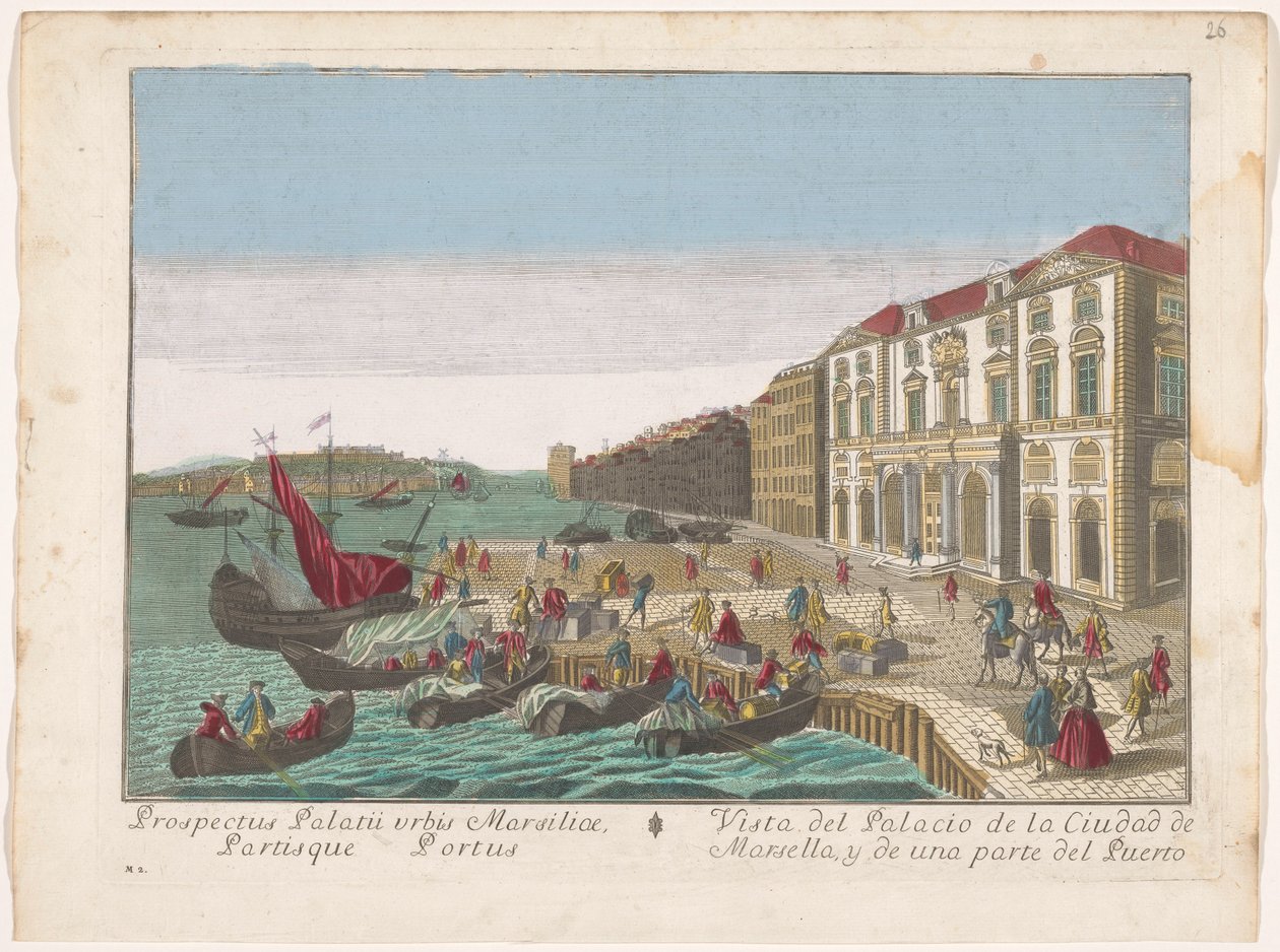 Gezicht op het Stadhuis en de haven te Marseille Kilátás a marseille-i városi palotára és a kikötő egy részére (cím a tárgyon) alkotó: familie Remondini (attributed to)