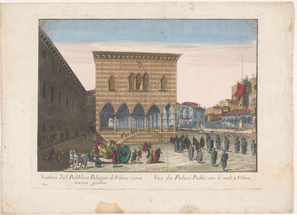 Gezicht op het Stadhuis te Udine Kilátás az Udine nyilvános palotájára dél felé (cím az objektumon) alkotó: familie Remondini (attributed to)