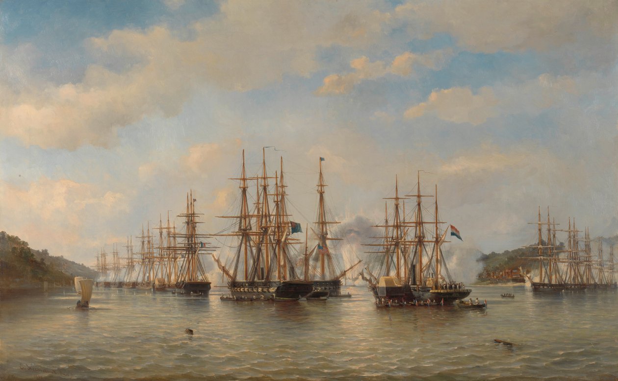 Holland, angol, francia és amerikai osztagok a japán vizeken a Constant Jaurès francia parancsnok által vezetett expedíció során, 1864. szeptember alkotó: jonkheer Jacob Eduard van Heemskerck