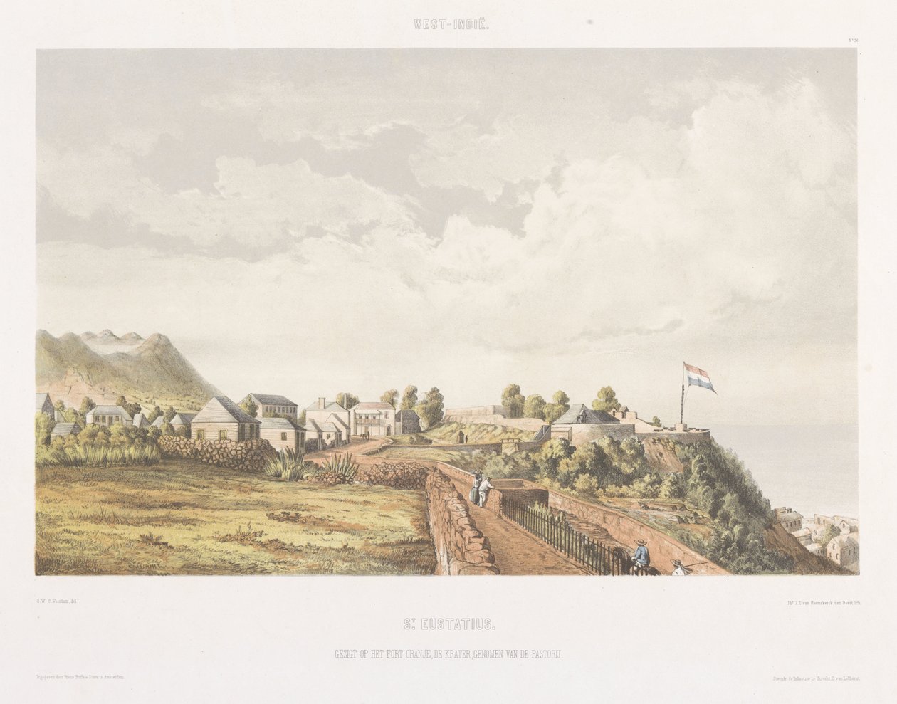Kilátás az Oranje-erődre és a De Kraterre a St. Eustatiuson Kilátások Hollandia Nyugat-Indiájáról (sorozat címe) alkotó: jonkheer Jacob Eduard van Heemskerck