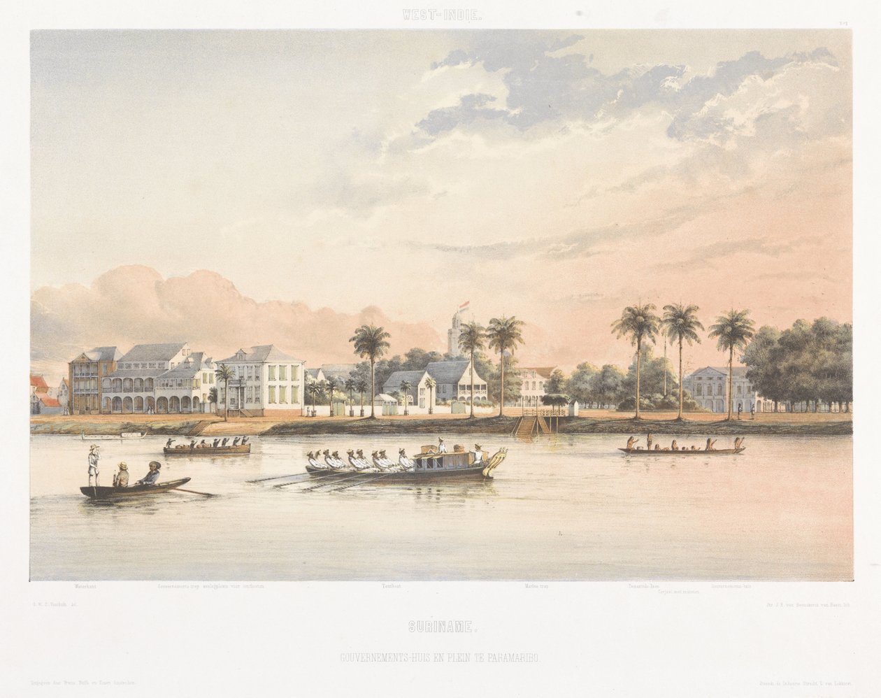 Kormányház és tér Paramaribo-ban Kilátások Hollandia Nyugat-Indiájáról (sorozat címe) alkotó: jonkheer Jacob Eduard van Heemskerck