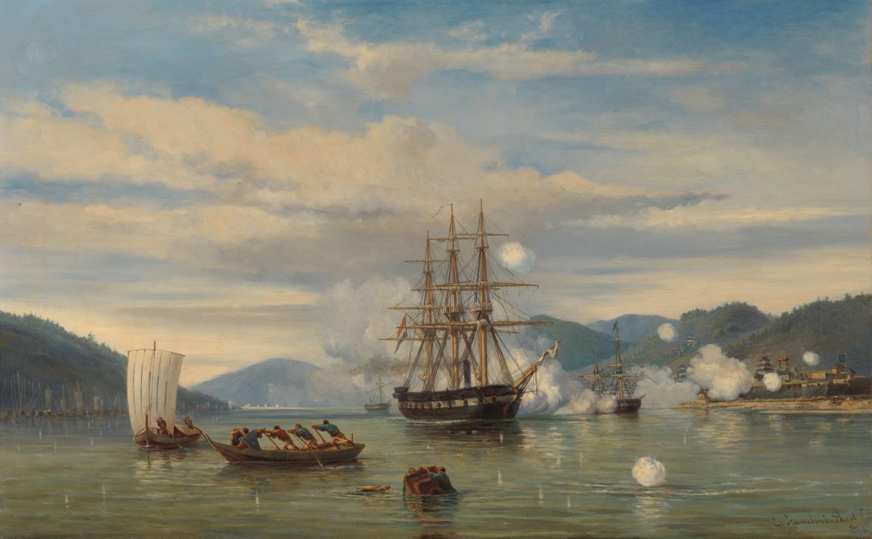 HMS gőzhajtású Medúza csatahajó megnyitja a Shimonoseki-szorost A HMS „Medusa” áthalad a Shimonoseki-szoroson Kyushu és Honshu között, 1864. szeptember alkotó: jonkheer Jacob Eduard van Heemskerck
