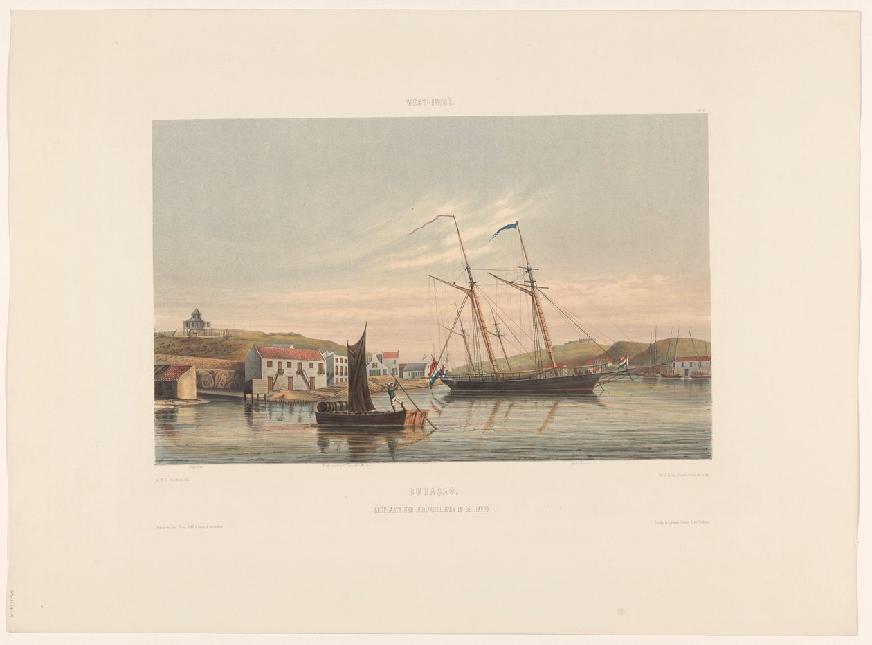 Willemstad kikötője Curacao. Hadihajók kikötőhelye a kikötőben (cím a tárgyon) alkotó: jonkheer Jacob Eduard van Heemskerck