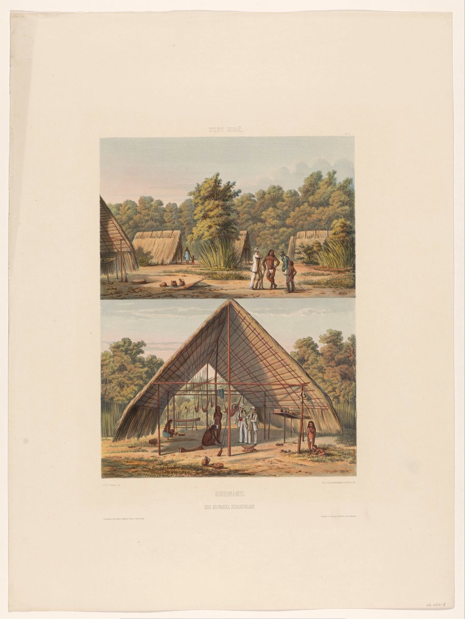 Arowaks tábor Suriname. Arowakka indián tábor (cím a tárgyon) alkotó: jonkheer Jacob Eduard van Heemskerck