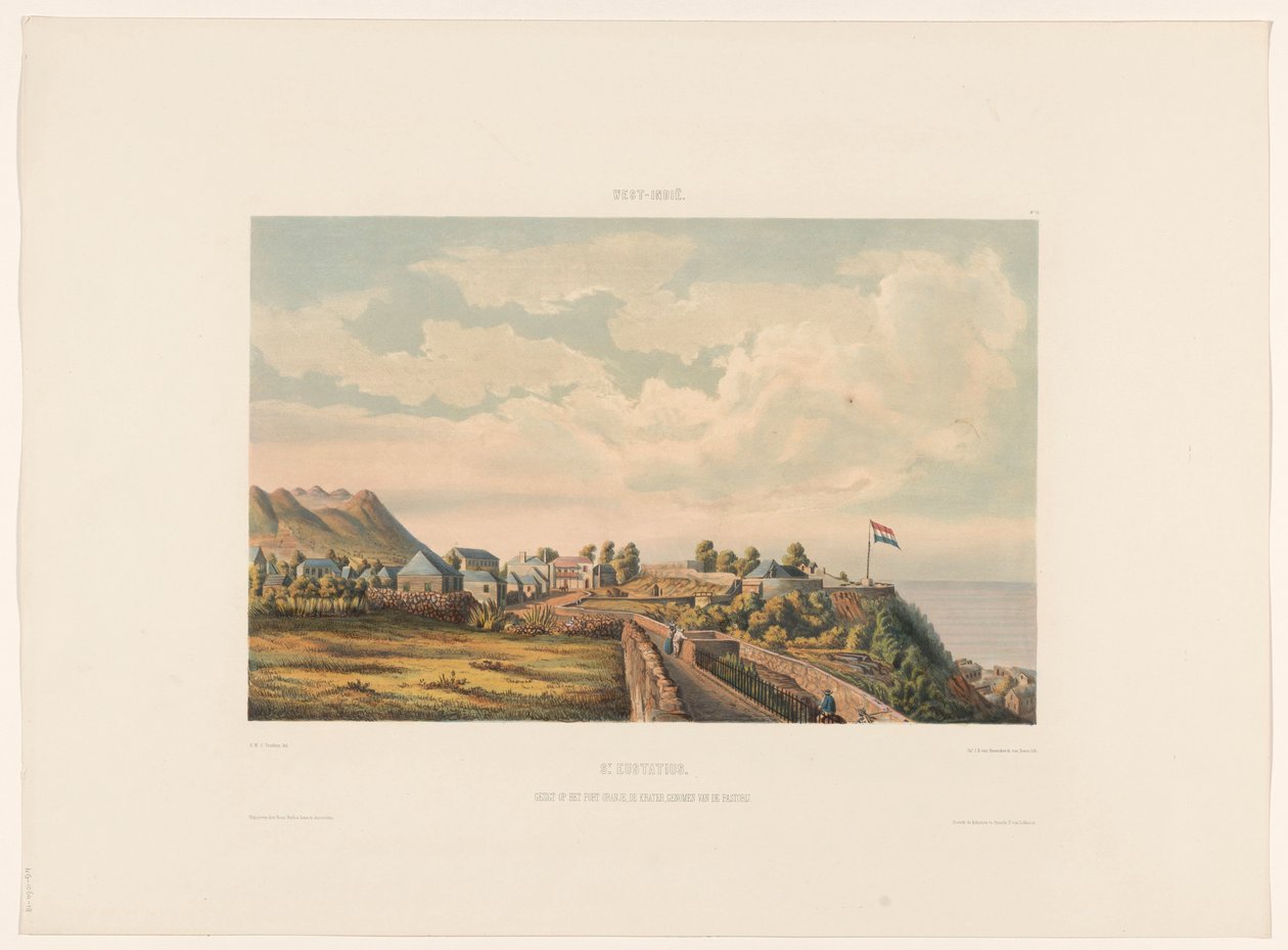 St. Eustatius St. Eustatius. Kilátás az Oranje-erődre, a kráterre, a paplakból (cím a tárgyon) alkotó: jonkheer Jacob Eduard van Heemskerck
