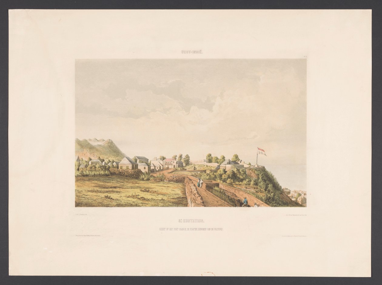 St. Eustatius St. Eustatius. Kilátás az Oranje-erődre, a kráterre, a paplakból (cím a tárgyon) Nyugat-India (sorozat címe az objektumon) Kilátások Hollandia Nyugat-Indiájáról (sorozat címe) alkotó: jonkheer Jacob Eduard van Heemskerck