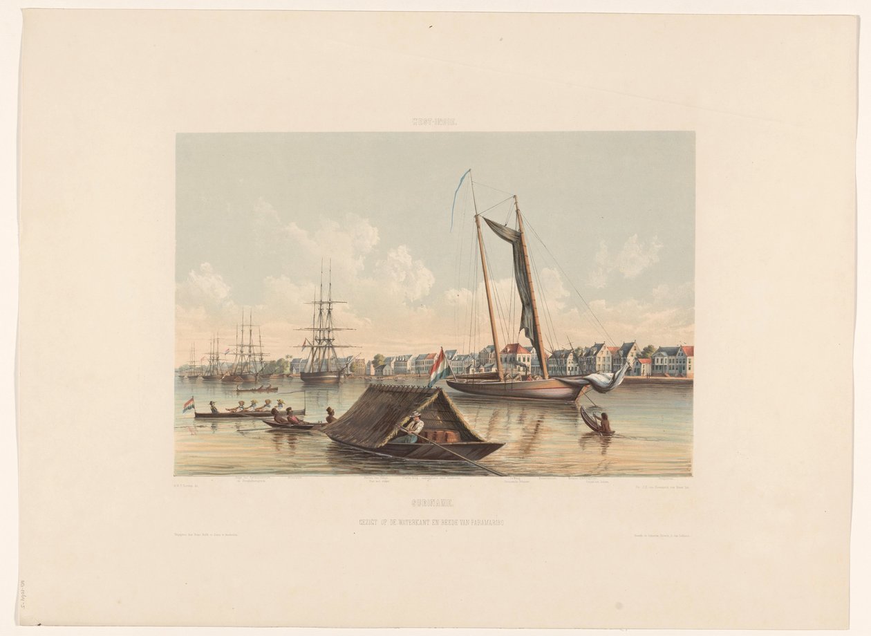 Vízpart és útpálya Paramaribo-ban Suriname. Kilátás a Waterkantra és a Paramaribo Roadsteadre (cím a tárgyon) alkotó: jonkheer Jacob Eduard van Heemskerck