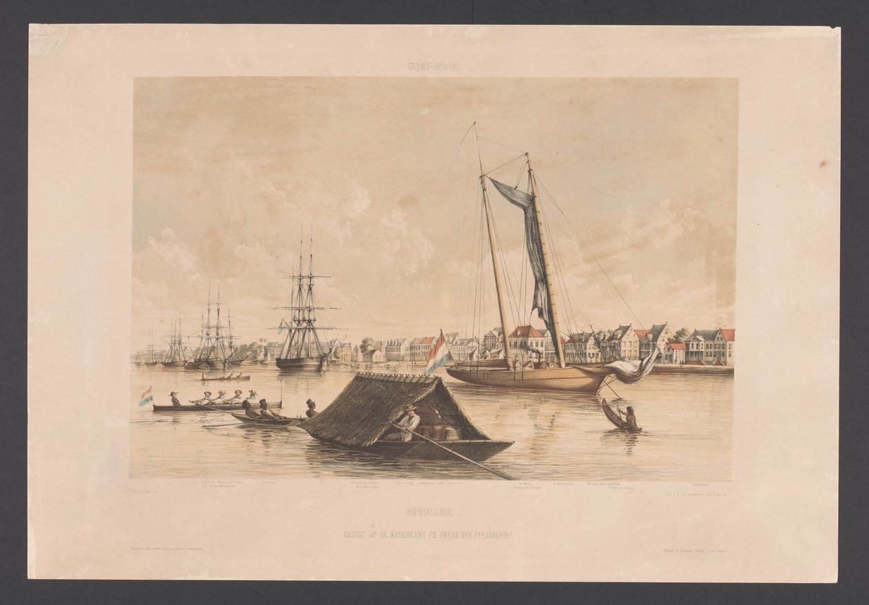 Vízpart és útpálya Paramaribo-ban Suriname. Kilátás a Waterkantra és a Paramaribo Roadsteadre (cím a tárgyon) Nyugat-India (sorozat címe a tárgyon) Kilátások Hollandia Nyugat-Indiájáról (sorozat címe) alkotó: jonkheer Jacob Eduard van Heemskerck