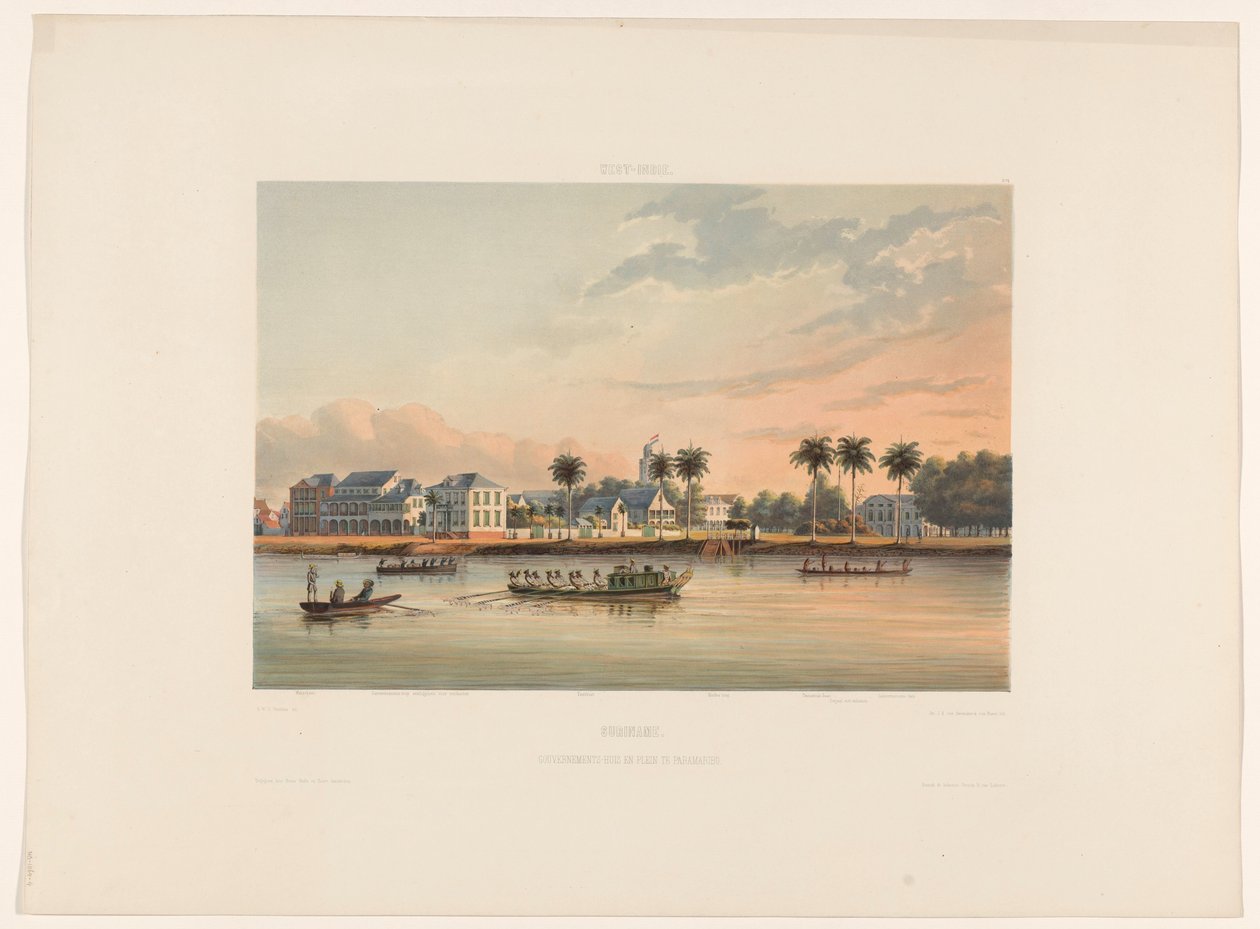 Vízpart a kormányzói házzal Paramaribo-ban Suriname. Kormányház és tér Paramaribo-ban (cím az objektumon) alkotó: jonkheer Jacob Eduard van Heemskerck