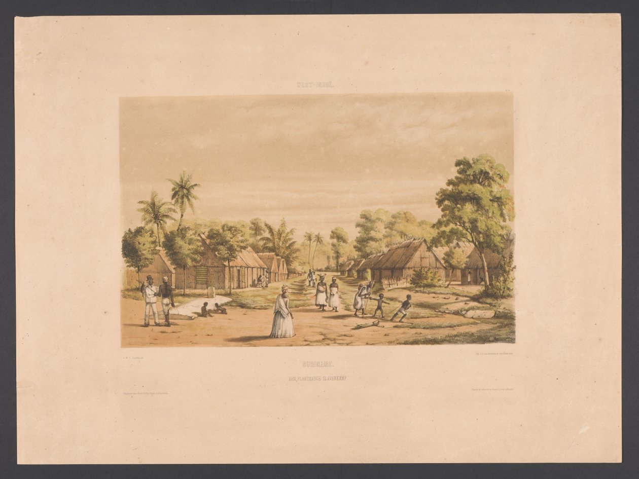 Rabszolgák otthonai egy suriname-i ültetvényen Suriname. Egy ültetvényes rabszolgatábor (cím az objektumon) Nyugat-India (sorozat címe a tárgyon) Kilátások Hollandia Nyugat-Indiájáról (sorozat címe) alkotó: jonkheer Jacob Eduard van Heemskerck