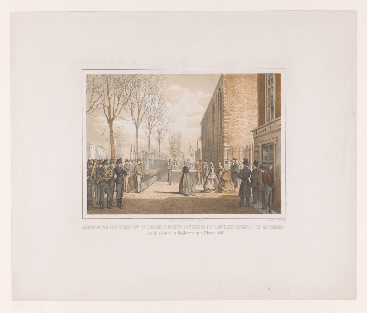 Banner bemutatása a Koninklijke Leidsche Studenten Vereeniging számára A professzorok lányai 1867. február 8-án transzparenst mutattak be a Leidsche Studenten-Vereeniging számára a fegyverkereskedelem önkéntes gyakorlatára (cím a tárgyon) alkotó: jonkheer Victor Eugène Louis de Stuers