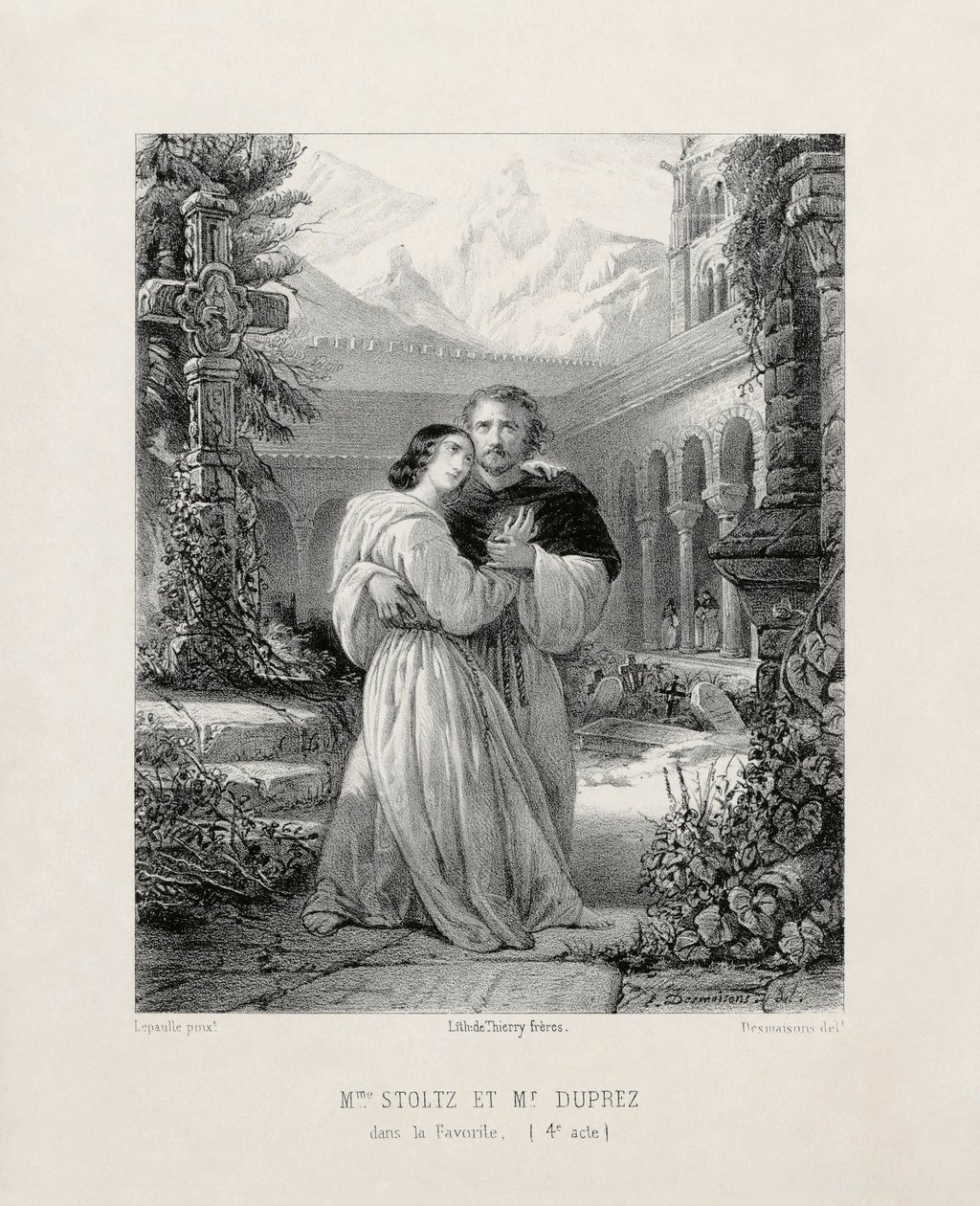 Gilbert Duprez (1806-1896) Fernando szerepében és Rosine Stoltz (1815-1903) Leonor de Guzmán szerepében Gaetano Donizetti La Favourite című művének IV. Felvonásában a párizsi Salle Le Peletier-ben 1840-1841 alkotó: Emile Desmaisons
