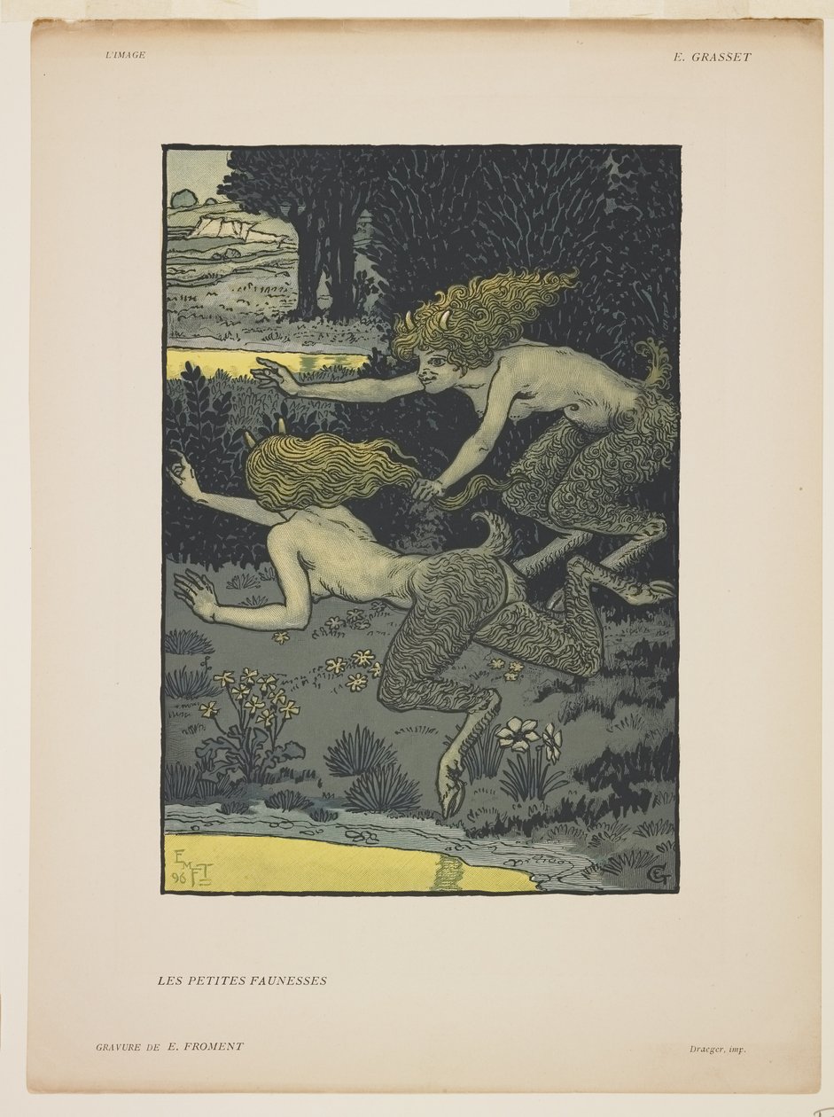 Les Petites Faunesses, 1896 (színes fametszet) alkotó: Émile Froment