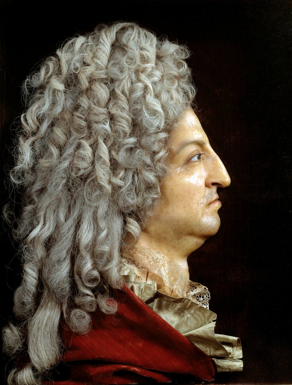 XIV. Lajos király (1638-1715) arcképe. Viasz és textil, Antoine Benoist dit du Cercle (1632-1717). 1705 körül. V 0,52x0,42 m Versailles, musee du chateau alkotó: or Benoit du Cercle Antoine Benoist