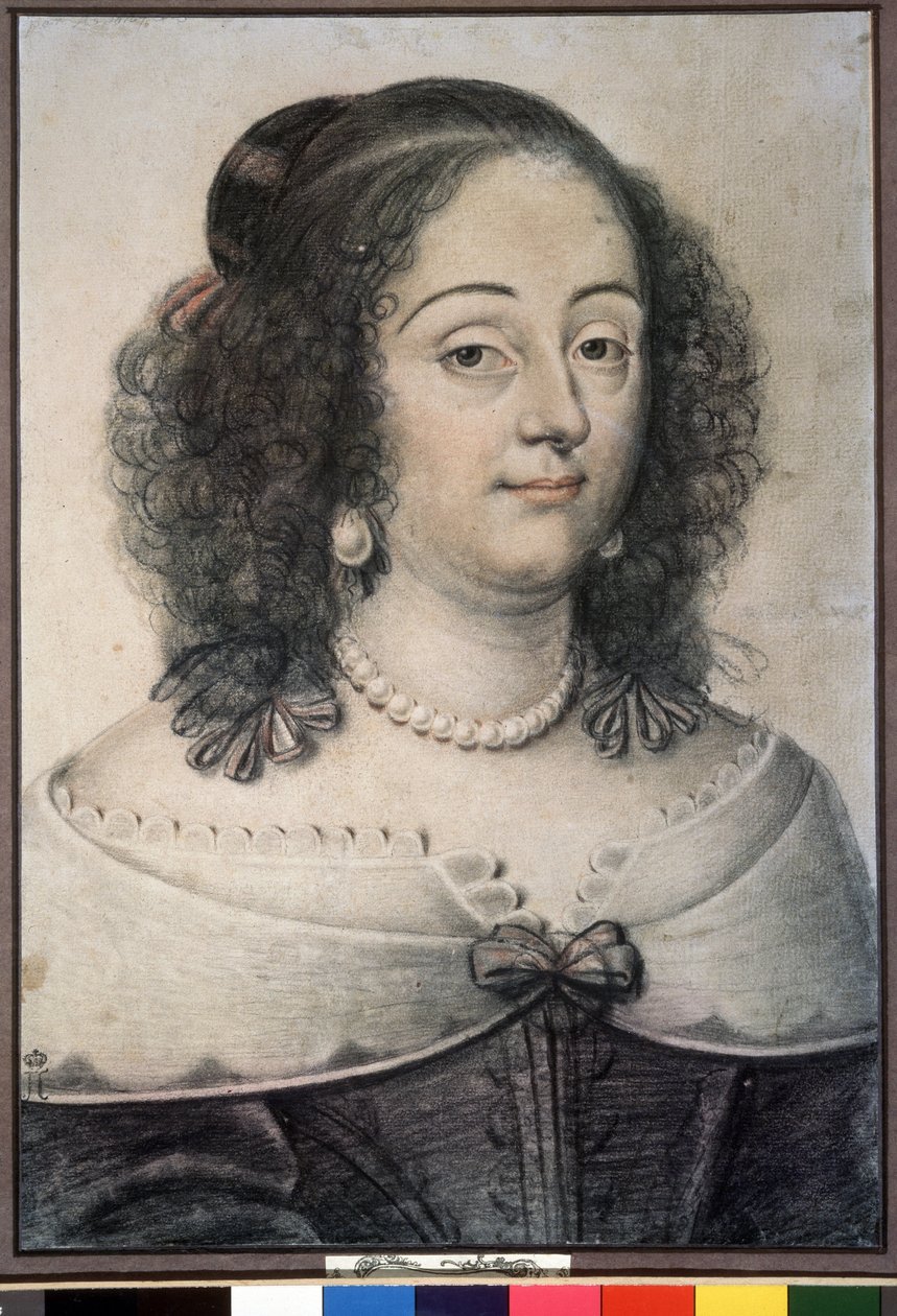 ""Egy nő portréja"" Ez valószínűleg Henriette Marie angol királynő (1609-1669). Daniel Dumoustier (vagy Dumonstier) krétarajza (1574-1646) 1640 Puskin Múzeum, Moszkva alkotó: or Dumoustier Daniel Dumonstier