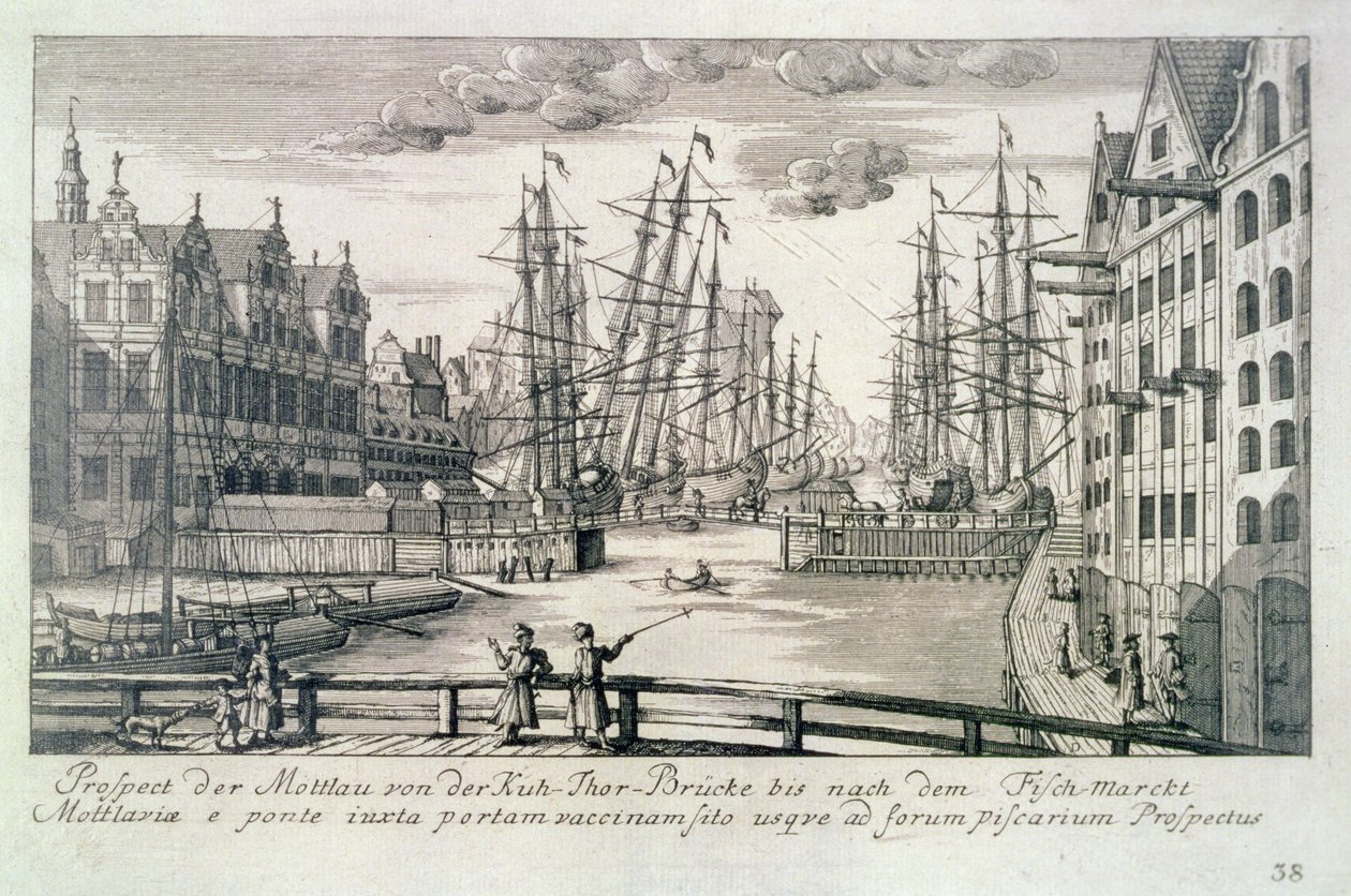 A Moltawa látképe a Krow-hídról, a "Gdansk ötven látképe" című metszetből, metszette Mattheaus Deisch (1724-89) 1761-65 (metszet). alkotó: or Lormann Friedrich Anton (after) Lohrmann