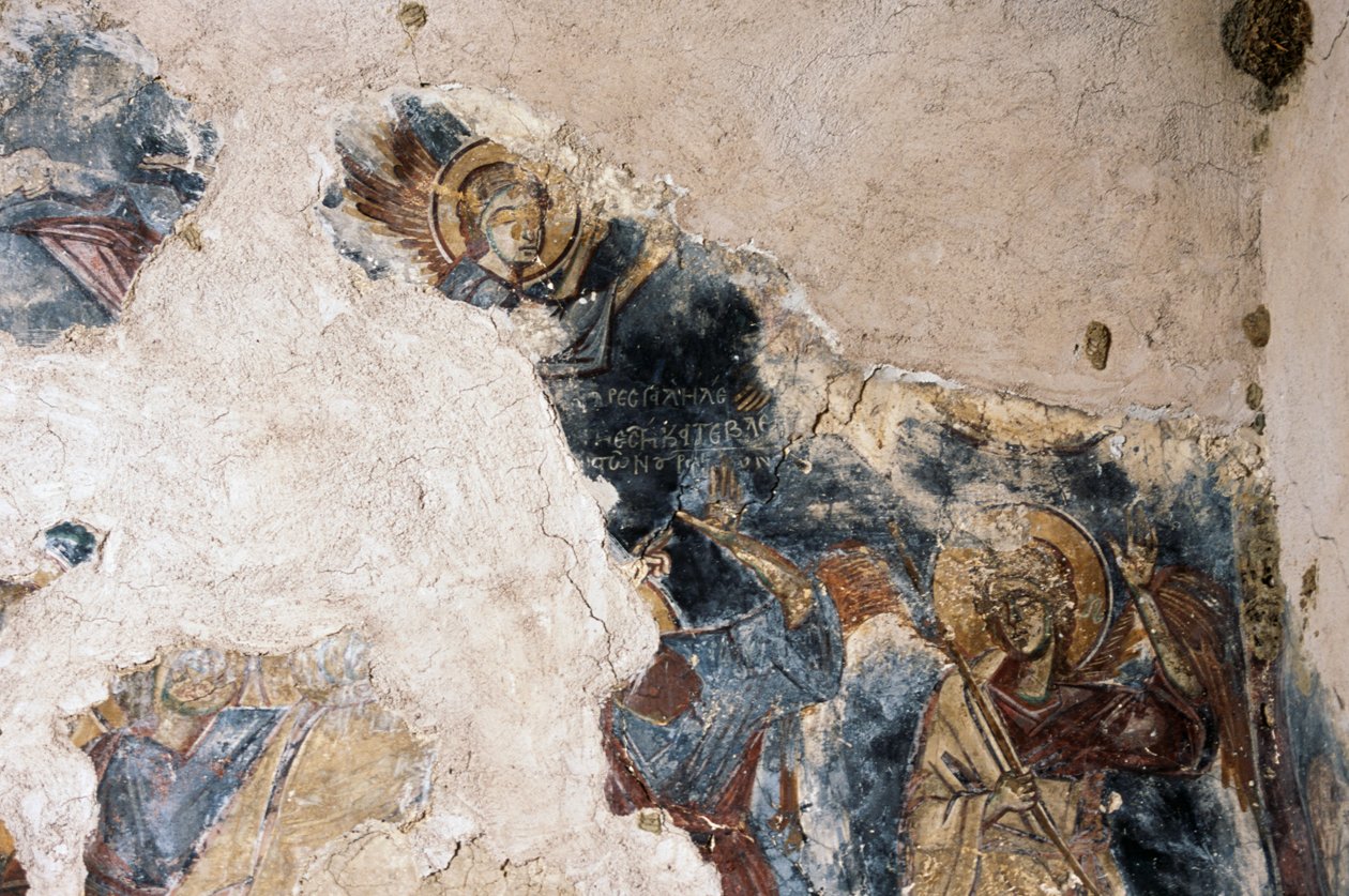 Angyal és szent, részlet az Agios Georgios Apodoulou templom freskójából, Apodoulou, Kréta, Görögország (fotó) alkotó: Theodore Charles Ange Coquelin