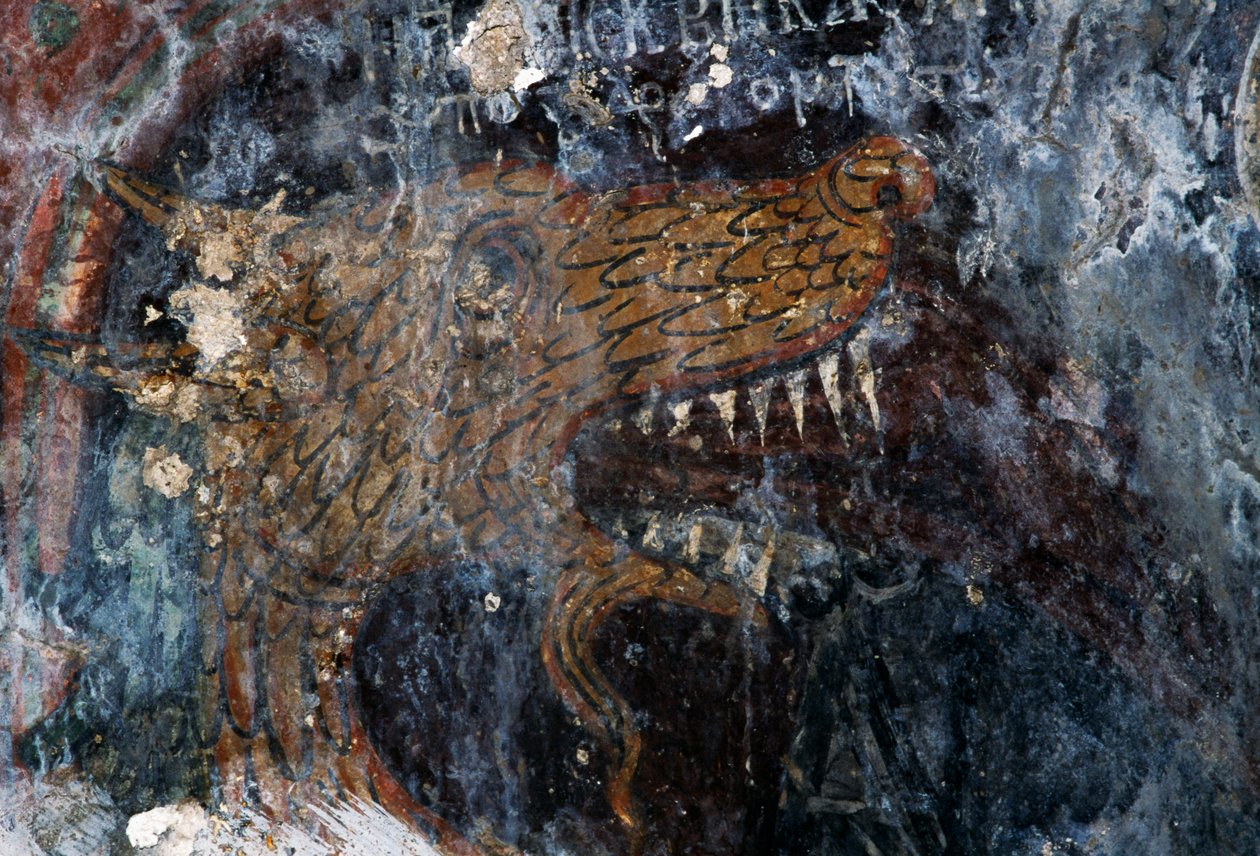 Madár, az elkárhozottak büntetésének részlete az Agia Paraskevi templomban, Voutas, Kréta, Görögország (fotó) alkotó: Theodore Charles Ange Coquelin