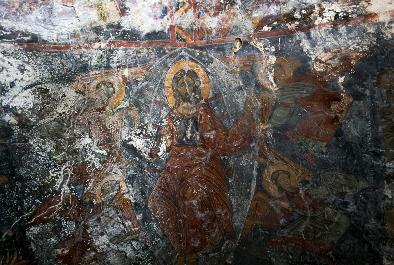 Krisztus angyalokkal és szenttel, freskó Panagia templomában, Kitiros, Kréta, Görögország (fotó) alkotó: Theodore Charles Ange Coquelin