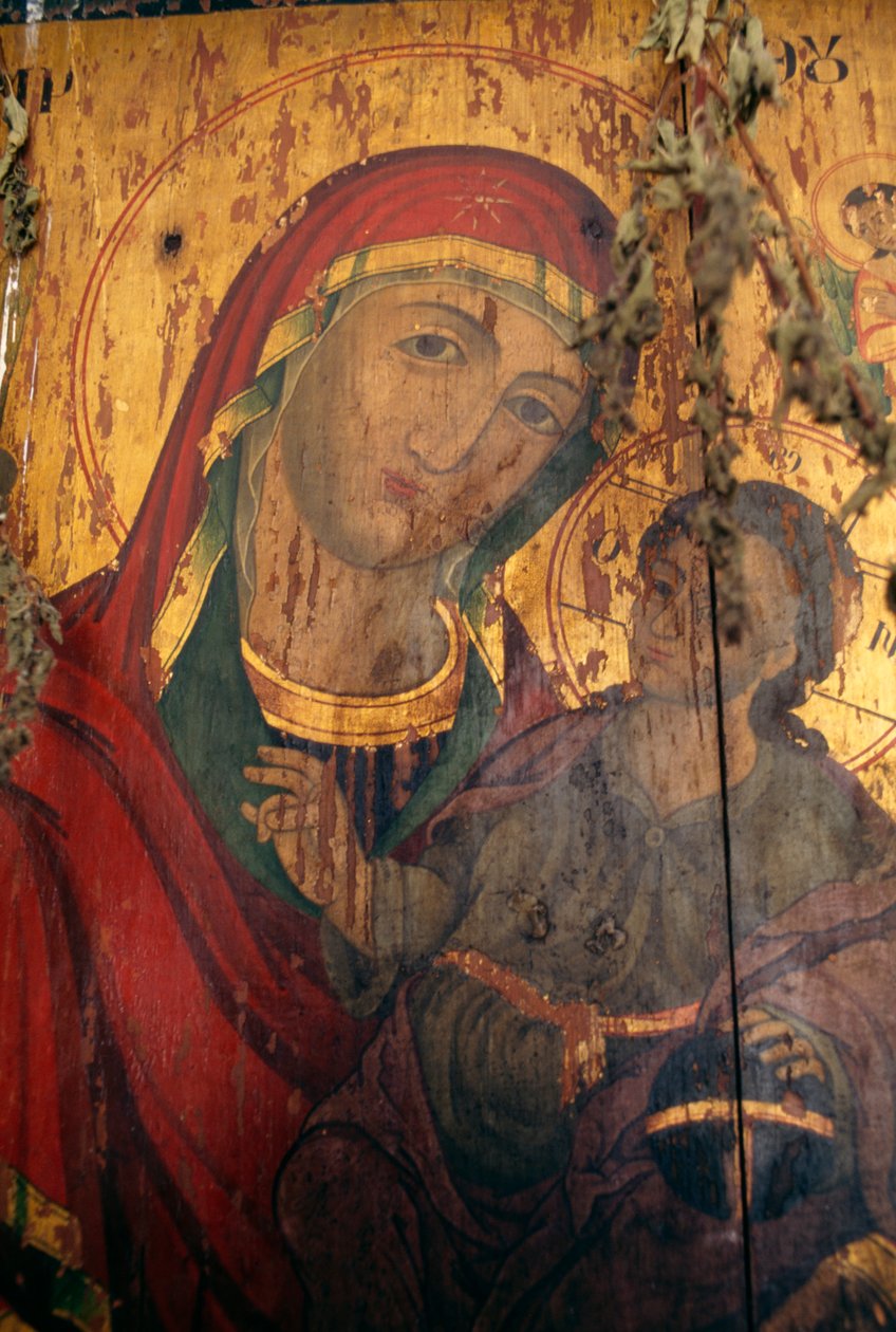 Madonna gyermekkel, fára festve az Agios Antonios templomban, Kavousi, Kréta, Görögország (fotó) alkotó: Theodore Charles Ange Coquelin