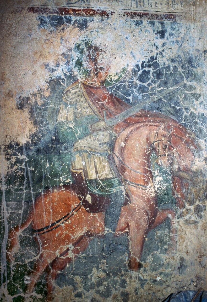 Férfi lóháton karddal, freskó a bizánci Agios Athanasios templomban, Kefali, Kréta, Görögország (fotó) alkotó: Theodore Charles Ange Coquelin