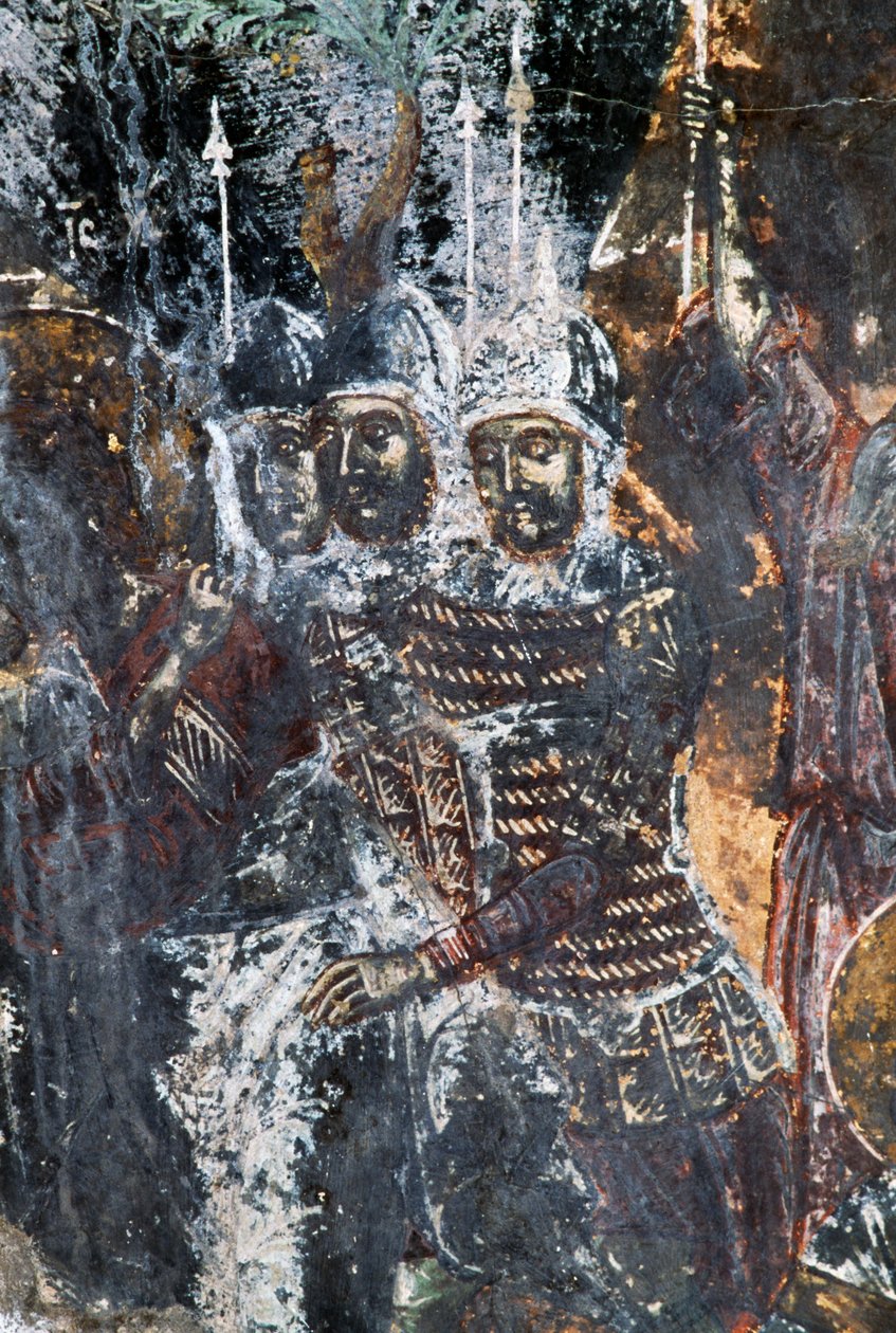 Katona, sérült freskó az Agios Vasileios templom mennyezetén, Vavouledo, Kréta, Görögország (fotó) alkotó: Theodore Charles Ange Coquelin