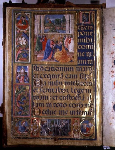 Ms 542 f.3v oldal, amely azt ábrázolja, hogy Krisztus átadja a kulcsokat Szent Péternek, Don Appiano által írt zsoltárról, a firenzei Badia Fiorentine templomból alkotó: or di Giovanni Monte del Fora