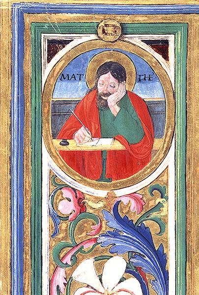 Ms 542 f.3v Szent Máté, aki az első evangéliumot írja Don Appiano zsoltárából, a firenzei Badia Fiorentina templomból alkotó: or di Giovanni Monte del Fora