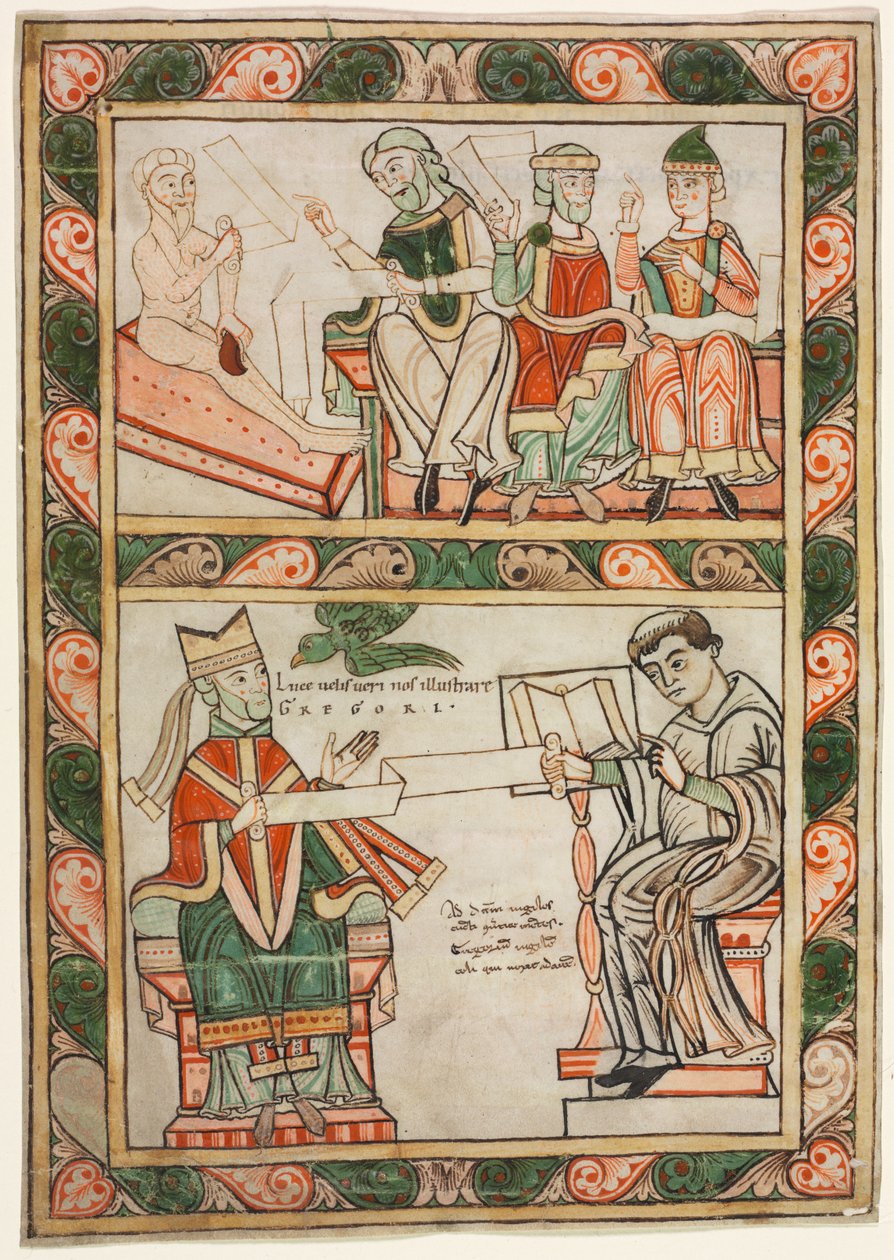 Szent Gergely „Morália” című művének címlapja: Három barátja (fent) és Nagy Gergely és diakónusa, Péter (lent) által meglátogatott állás alkotó: probably by Abbot Frowin