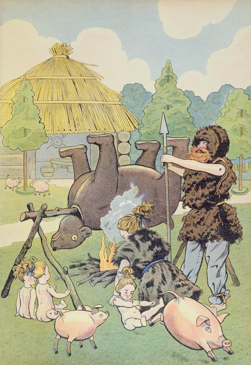 Egy gall család medvét főz, illusztráció Montorgueil „Játsszunk történelmet” című könyvéből, 1910 körül alkotó: Jacques Marie Gaston Onfray de Breville (Job)