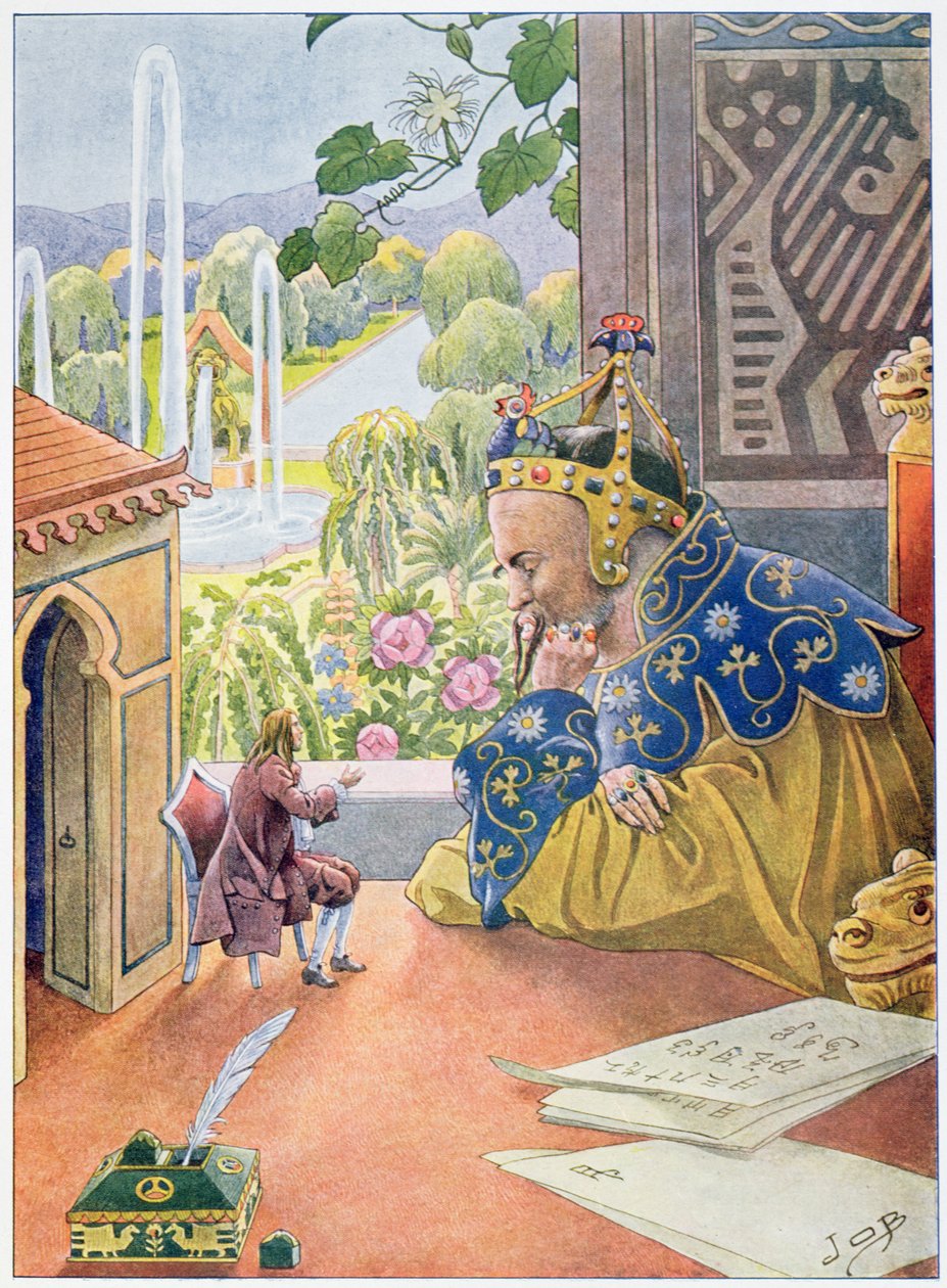 Gulliver leírja az angliai kormányzati rendszert Brobdingnag királyának, 1900 körül alkotó: Jacques Marie Gaston Onfray de Breville (Job)