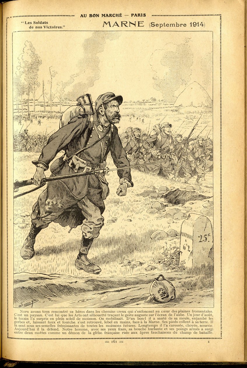 Napló Buvard du Bon Marche 1917 - Job illusztrációja (Jacques Marie (Jacques-Marie) Gaston Onfray és Breville) (1858-1931): Marne 1914. szeptember - 14-18-i háború, Marne, Nagy csaták, marne-i csata - Katonák alkotó: pseudonym for Onfray de Breville Jacques Job