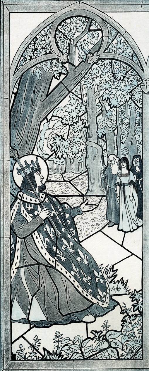 Valaki, aki elment innen? IX. Lajos szavai Szent Lajosnak (1214-1270), aki egy tölgy tövében tett igazságot, hogy bátorítsa a lakosságot, mondják el panaszaikat. Illusztráció Jobról (Jacques Marie Gaston Onfray és Breville) (Jacques-Marie) (1858-1931) alkotó: pseudonym for Onfray de Breville Jacques Job